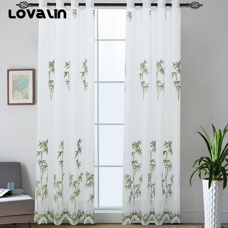 Lovalin Green Bamboo Pattern Embroidered White Sheer Voile Window