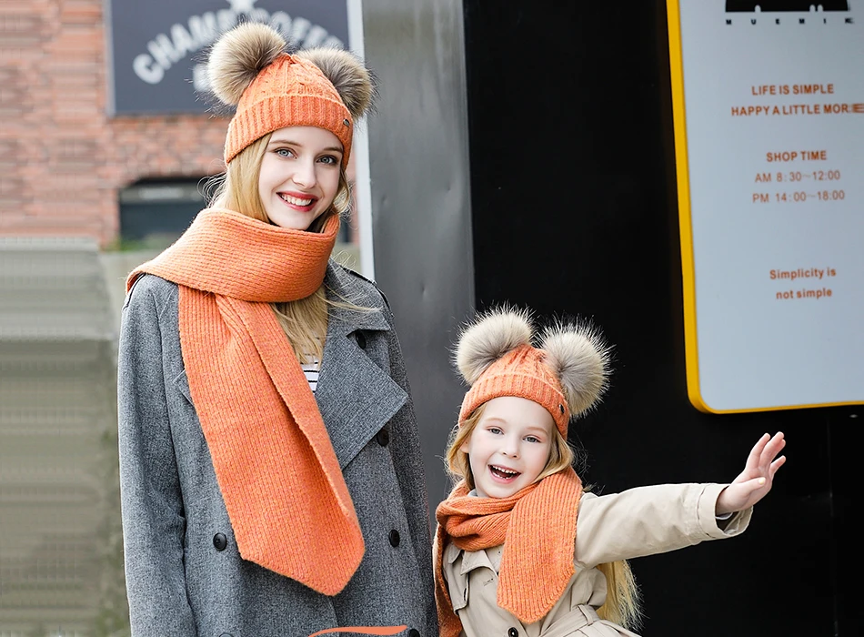 Parent-child Hat And Scarf Set Solid Winter Skullies Beanies With Fur Pompom High Quality Wool Knitted Hat Caps Children (1)