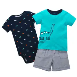 Комплект из 3 предметов, топы с принтом динозавра для маленьких мальчиков + комбинезон + одежда в полоску для маленьких девочек летние штаны