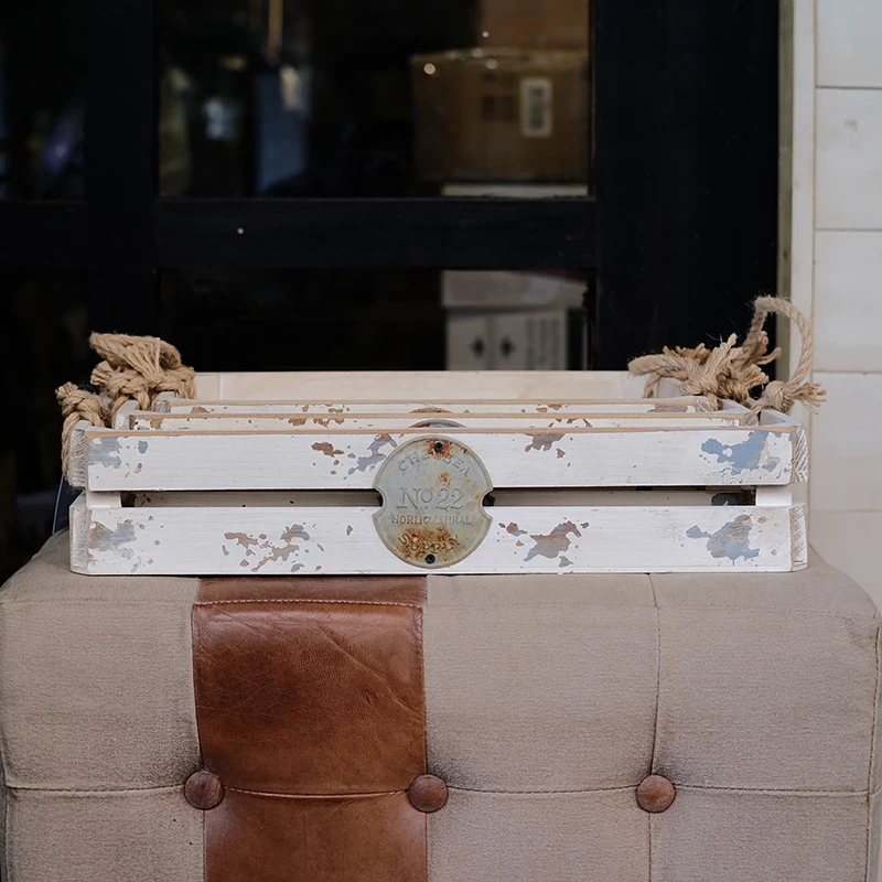 set 3 stack shabby white shallow small wooden storage crates (3)