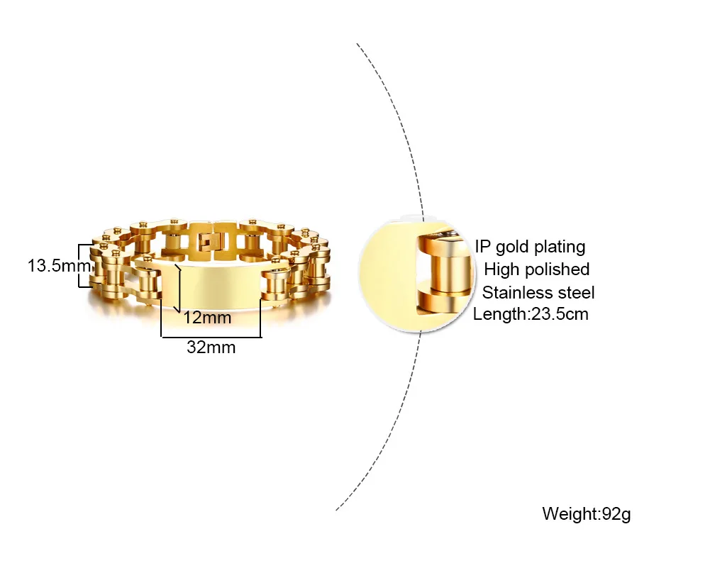 Мужской золотой тон тяжелое звено велосипедной цепи ID браслет для мужчин нержавеющая сталь велосипед браслет Braslet мужской ювелирный подарок 23,5 см