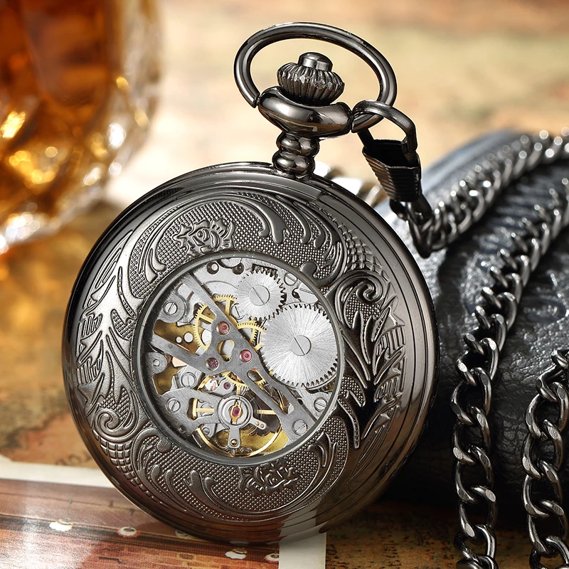 Retro Steampunk Mechanische Zakhorloge Brons Bloem Laser Gegraveerde Fob Chain Box Pakket Mannen Vrouwen Flip Horloges Skeleton Klok