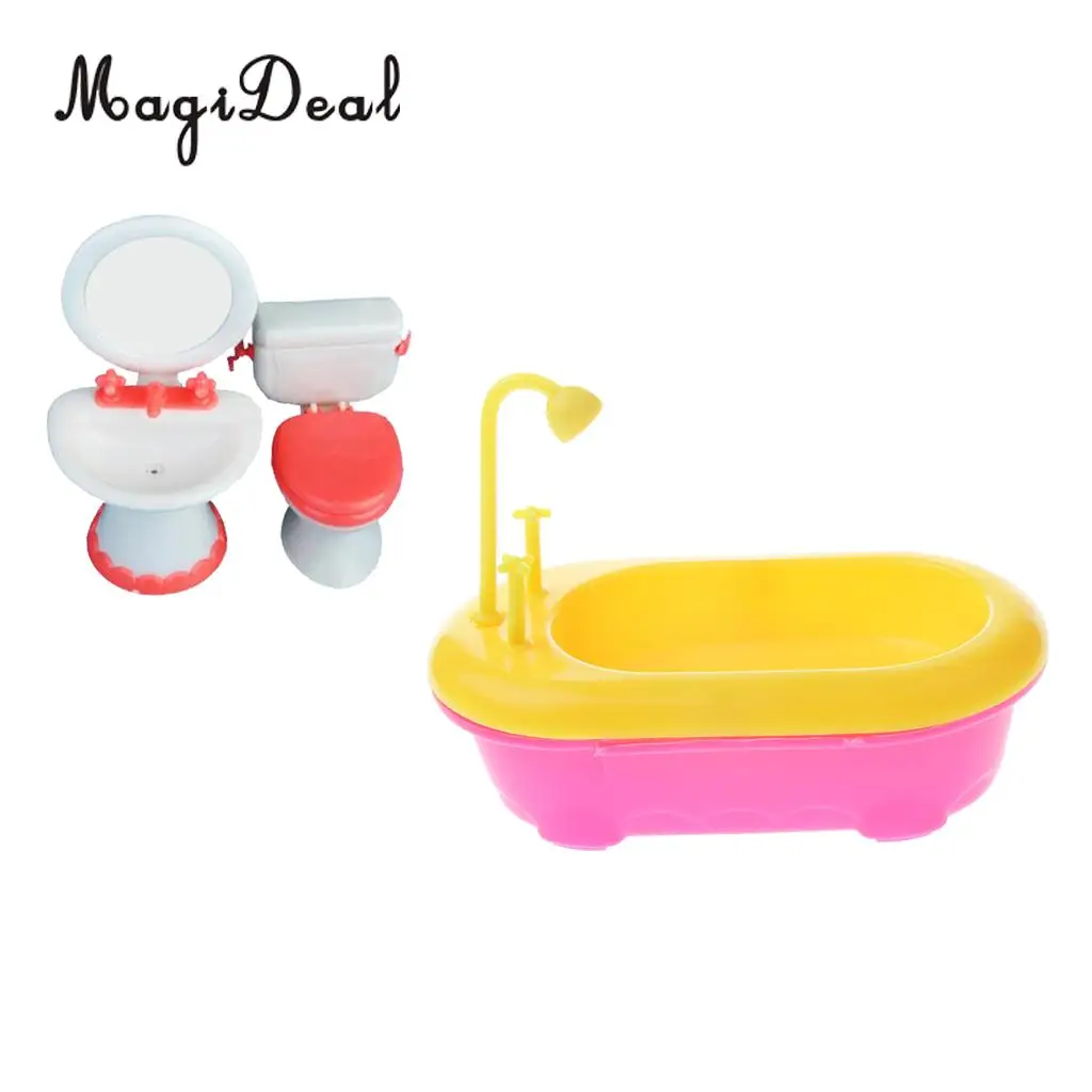 1Set Dollhouse Miniature Bathroom Set Bathtub Toilet Basin for Dolls House Accessory Kids Pretend Play Toys