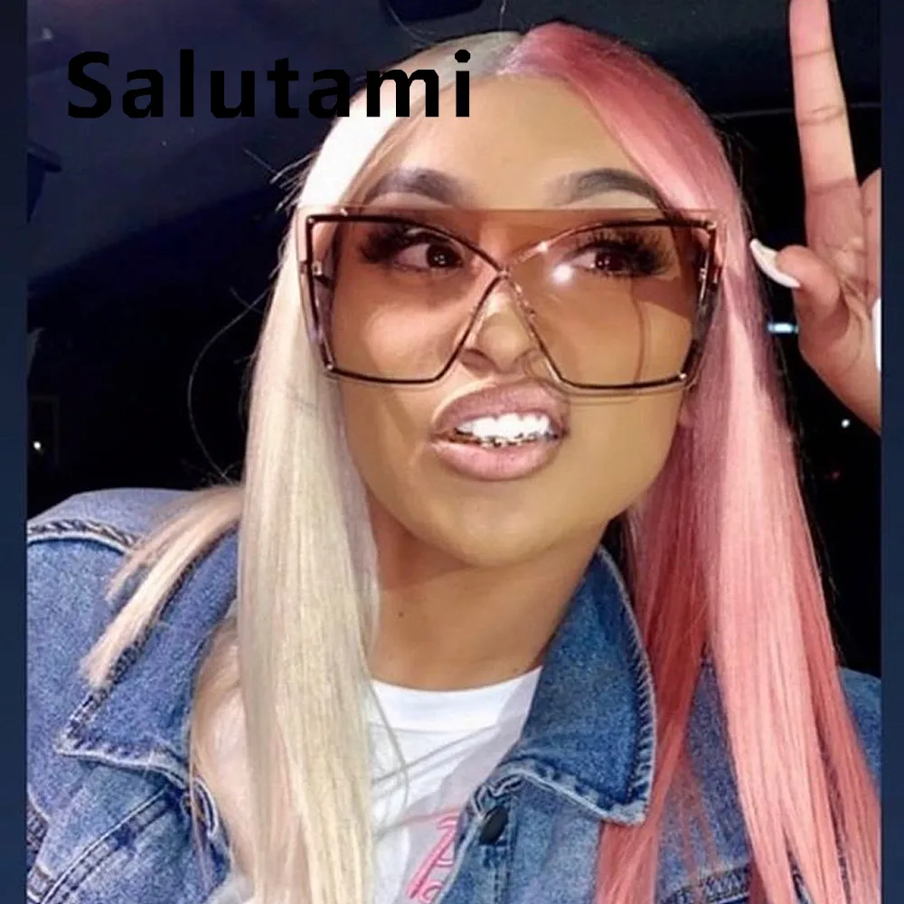 

Pink Yellow Square Sunglasses For Women Double Color One Pieces Flat Sun Glasses Men Alloy Rimless Eyewear 2019 Brand Shades