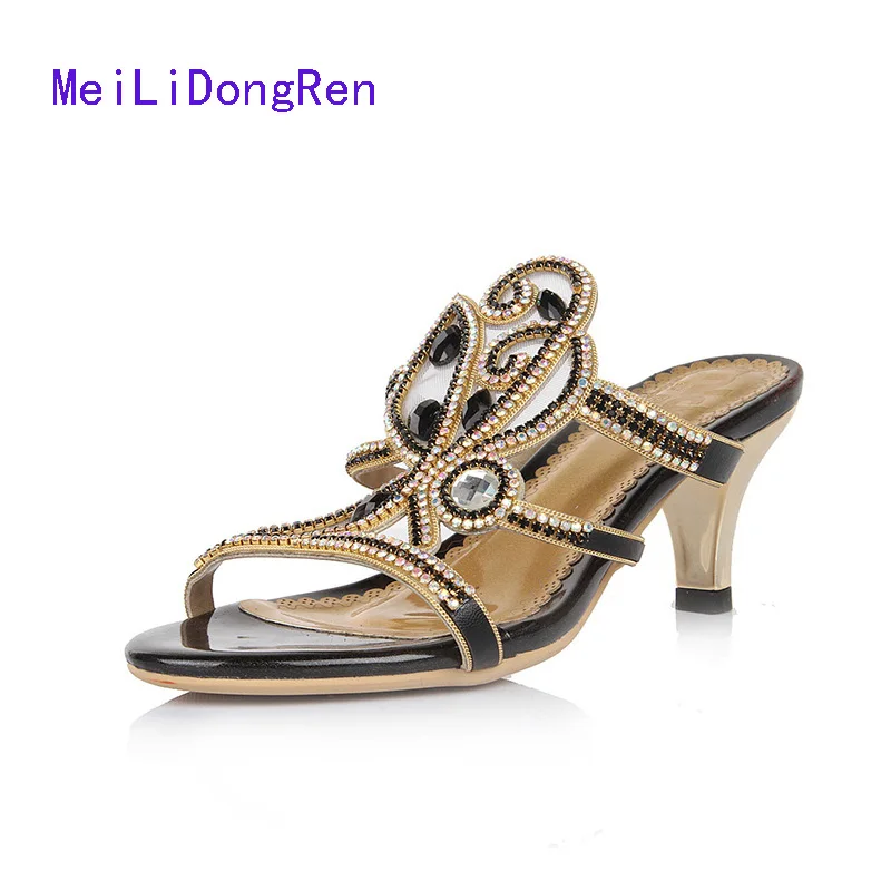 2017 New Diamond Slippers Luxury Butterfly Diamond Slides Fashion Opne Toe High Heel Sandals 