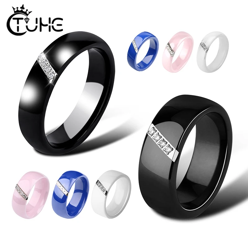 6mm Women Ceramic Rings Women Classic Black White Rings Smooth India Stone Crystal Jewelry Fashion Wedding Engagement Ring 2020