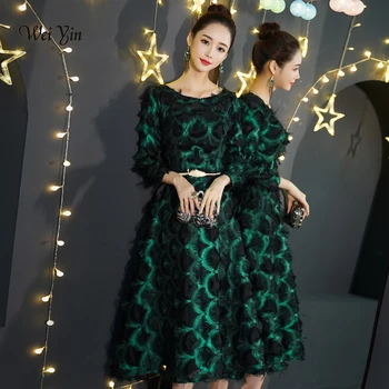 

weiyin New Green Evening Dresses Lace Tea length A-line Elegant Fromal Graduation Birthday Party Prom Gown WY1295