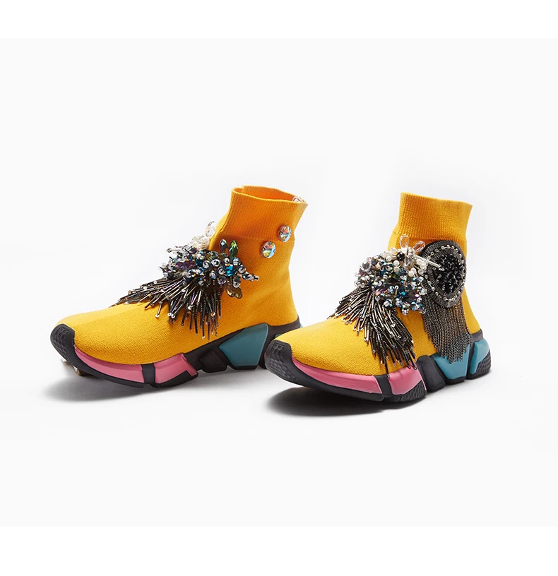 Crystal Socks Sneaker Yellow Women Rhinestone Casual Shoes Crystal Sneaker Lady Tassels Knitted Socks Sneaker Fashion WK97 Crystal Socks Sneaker Yellow Women Rhinestone Casual Shoes Crystal Sneaker Lady Tassels Knitted Socks Sneaker Fashion WK97