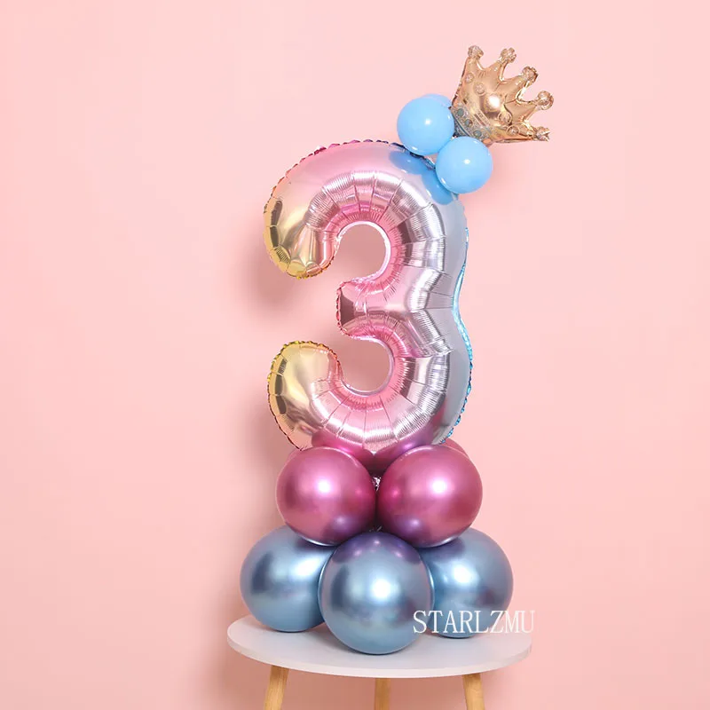 STARLZMU 17 шт., воздушные шары на 1-й день рождения, радужные воздушные шары с цифрами, голубые, розовые, с украшением на день рождения, Детские вечерние шары для мальчиков и девочек - Цвет: Rainbow BL 3
