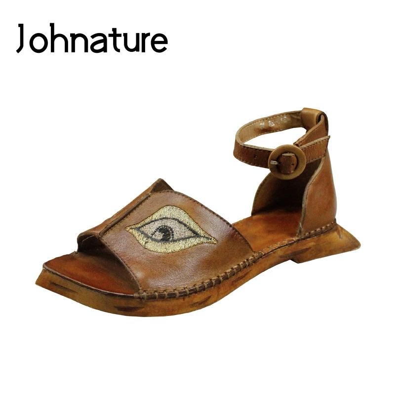 

Johnature Casual Buckle Strap Animal Prints Summer Sandals Genuine Leather Retro Sewing Strange Style Handmade Women Shoes