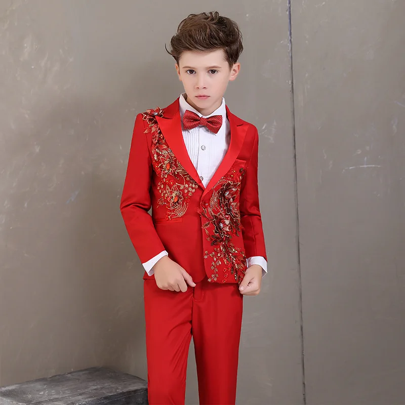 Нарядный костюм для мальчиков на свадьбу; детский блейзер с цветами и брюки; одежда с бантом; Детские вечерние костюмы для выступлений на фортепиано