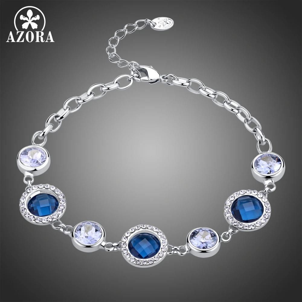 AZORA Blue Круглые браслеты с австрийскими кристаллами белого золота для женщин, Элегантный женский браслет с цепочкой, модное ювелирное изделие TS0187