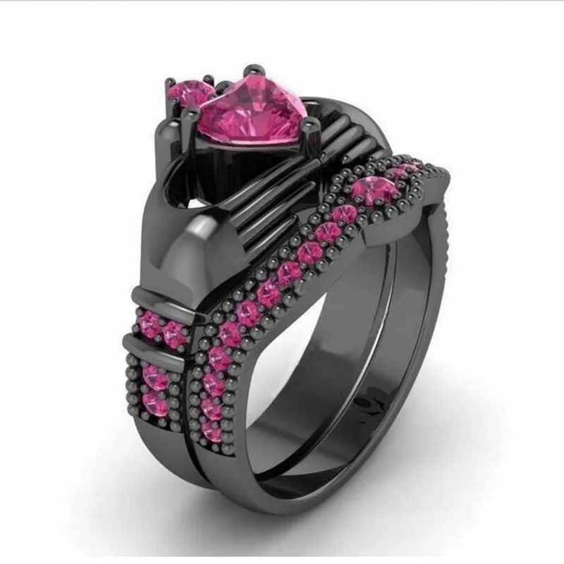 

Choucong Claddagh Holding love Heart Red 5a Zircon Crown Wedding Ring Set 10KT Black gold filled white Crystal Jewelry gift