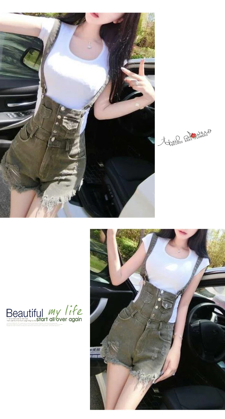 New spring hot jeans suspenders low-waisted cut holes in the Korean version of fashion suspenders shorts women (15)