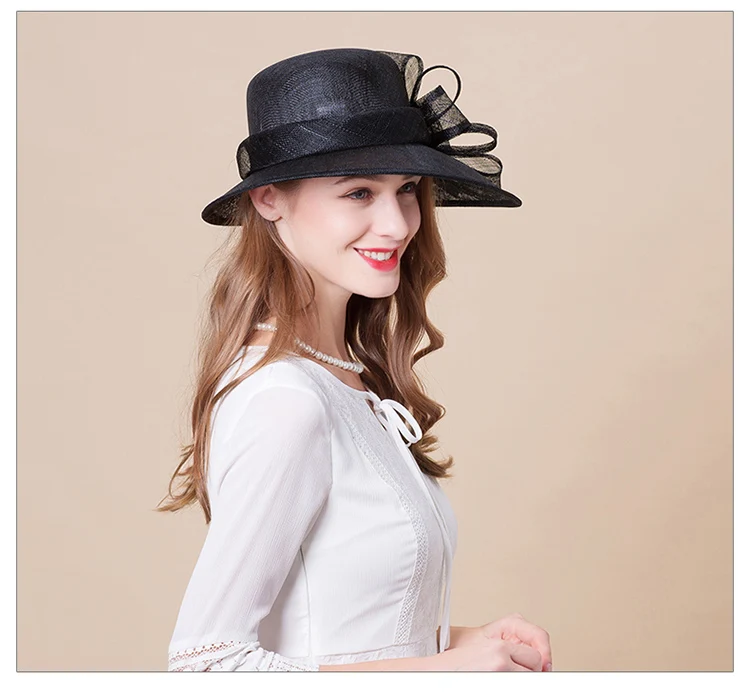 FS соломка синамей церкви Шапки розовый бежевый, белый, черный цвет Свадебная шляпка для Для женщин элегантные фетровые шляпы с широкими полями цветочный головные уборы для женщин