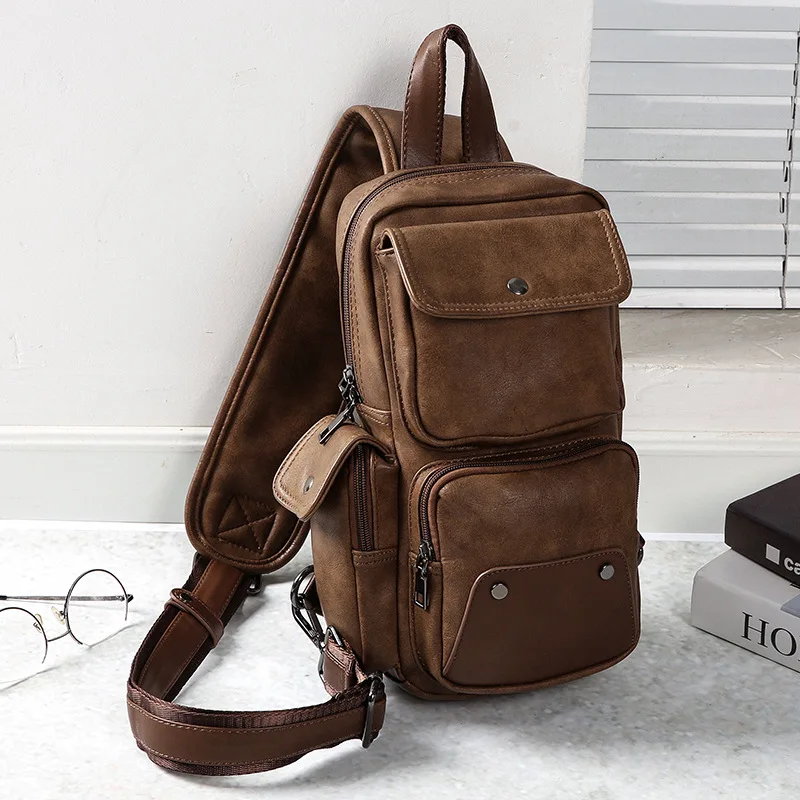 

Chest Pocket Men Crossbody Bags Waterproof Leather PU Single Shoulder Bags Cell Phone Pocket Vintage Deep Khaki Locomotive Style