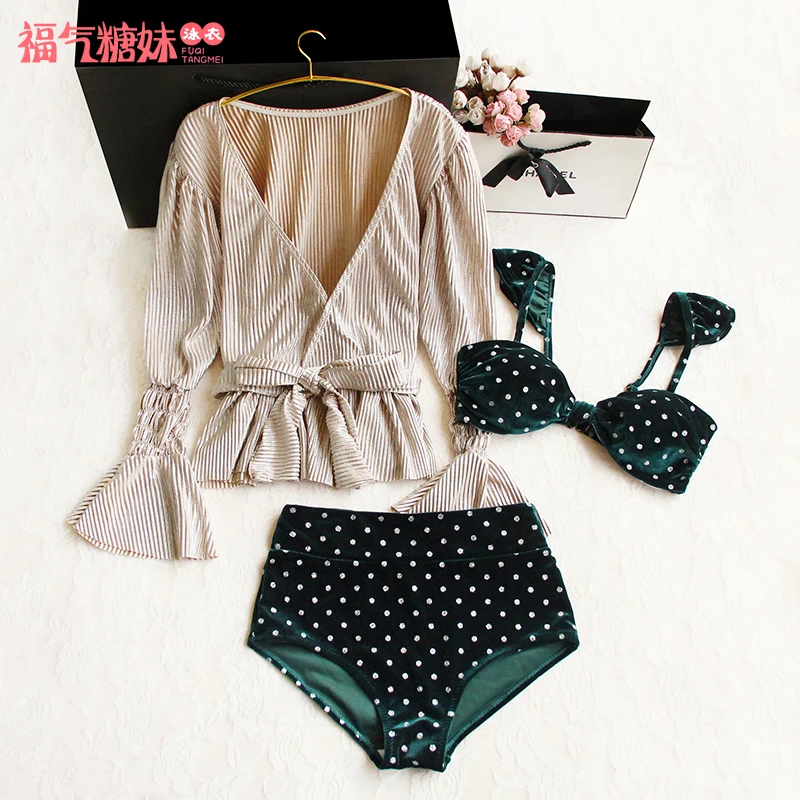 

Swimming suit sexy bikini Green blue dot high waist three piece sunscreen long-sleeved blouse retro white swimsuit
