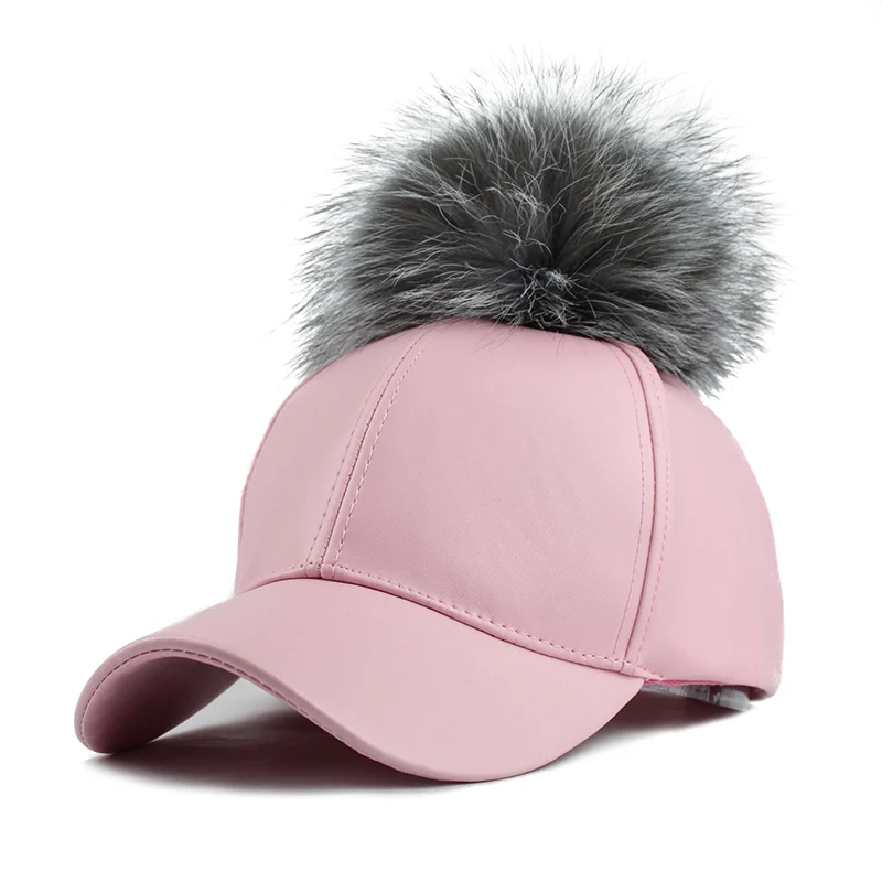 FETSBUY/бейсбольная Кепка из искусственной кожи с помпонами из натуральной норки, Меховая кепка в стиле хип-хоп, Кепка с помпонами, зимние шапки для женщин - Цвет: Pom Pink Gray