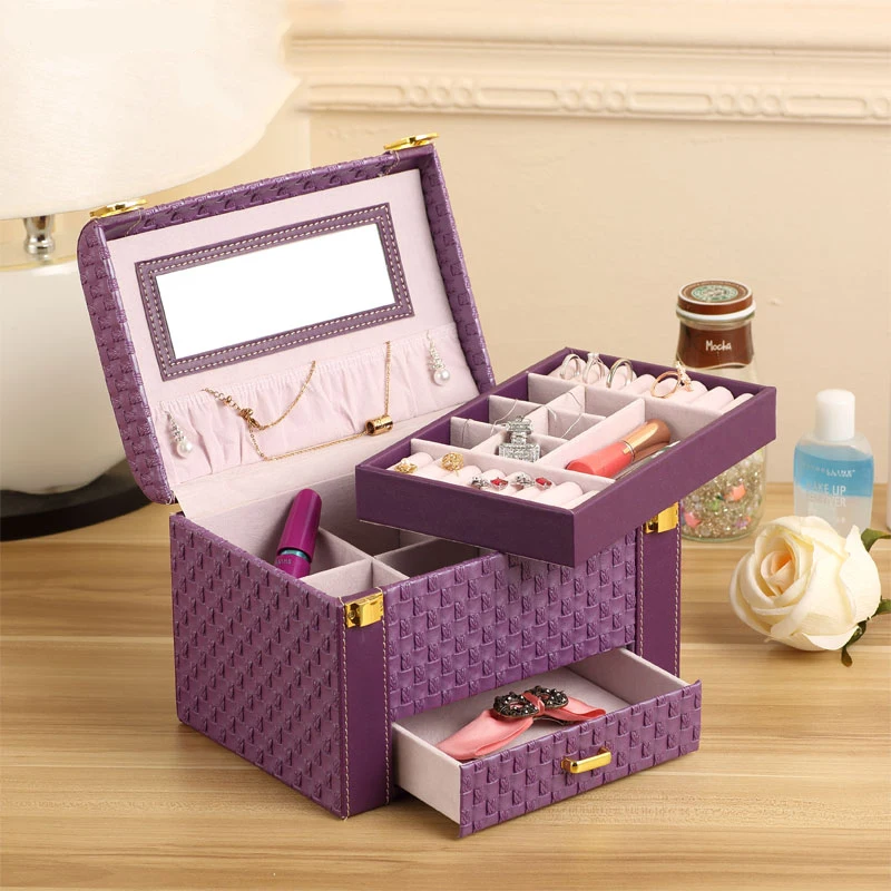 

Casegrace Delicate Purple Woven Makeup Organizer Cosmetic Storage Box Luxury Jewel Case Large Capacity Jewelry Box Birthday Gift