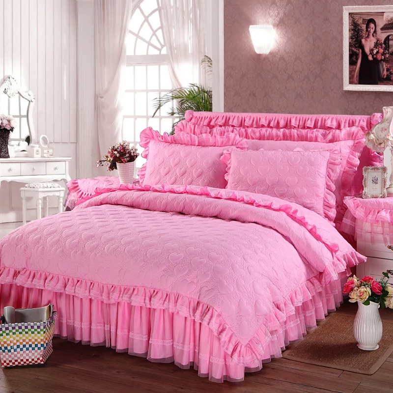 Korean version of the solid color denim cotton quilted lace bedspread