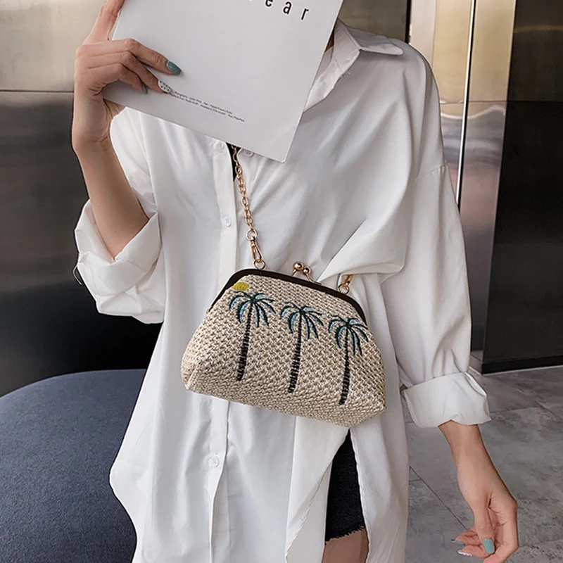 Соломенный пляжный тканый вышитый клатч, женская сумка на цепочке, маленькая сумочка, вязаная сумка через плечо, сумка-мессенджер