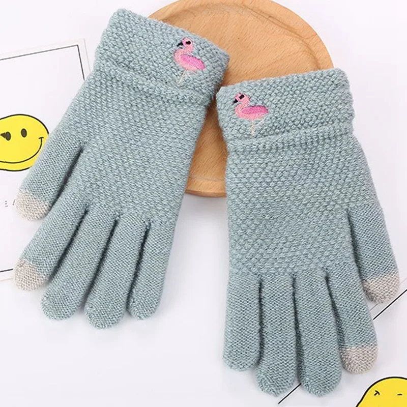 Осенне-зимние женские вязаные термоперчатки, вязаные зимние уличные перчатки с сенсорным экраном, перчатки с вышитым единорогом