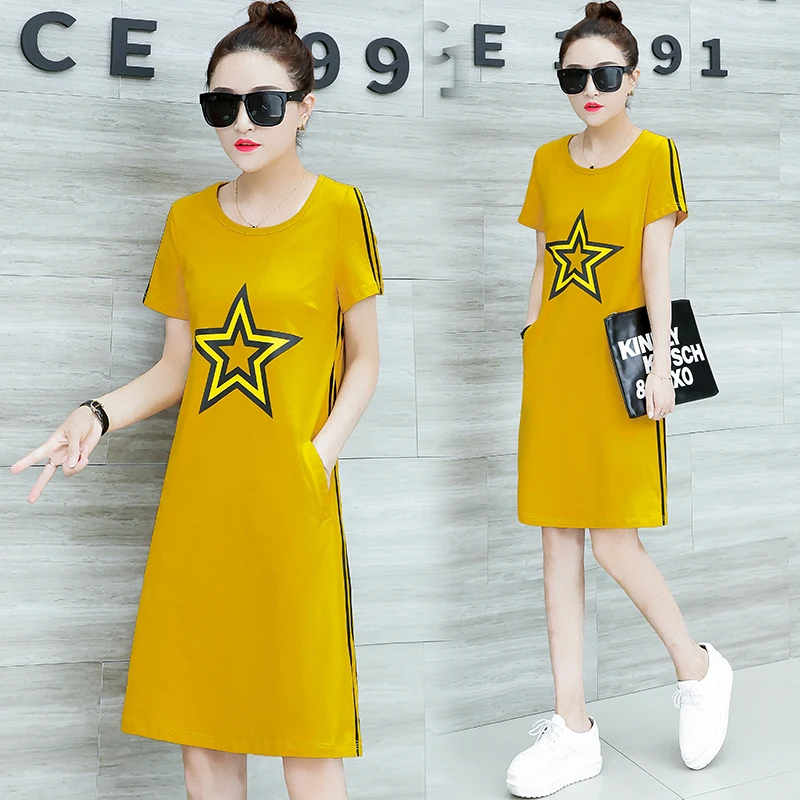 

Yellow T Shirt Dress with Pockets Women Cotton Loose Plus Size Tshirt Dresses Robe Striped 2019 Summer Fashion Casual Clothing