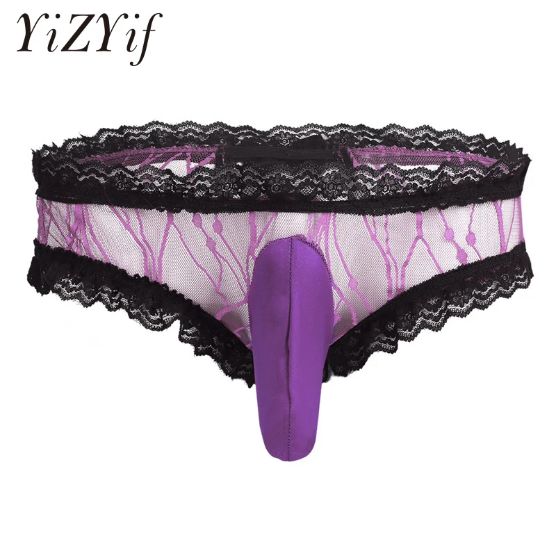 

YiZYiF Men Lingerie Lace See-through Mesh Open Butt Bikini Briefs Underwear Underpants Sexy Lingerie Panties for Sissy Gay Mens
