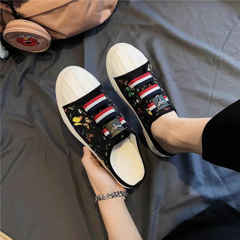 

Men's half slippers Korean version of the wild trend of summer personality floral lazy outside wearing canvas half shoes