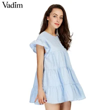 Vadim, милое плиссированное платье с оборками, жемчугом, бисером, с коротким рукавом и круглым вырезом, женские милые шикарные повседневные Мини Свободные синие платья QZ3044