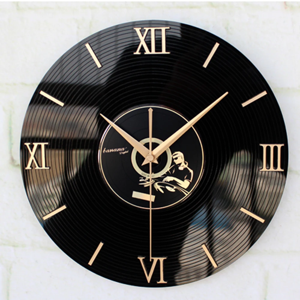 Vinyl Wall Clock Modern Design for Living Room Music Theme Roman