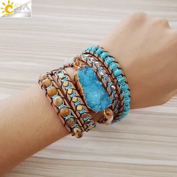 CSJA Natural Gems Stone Bracelet Druse Druzy Geode Slice Jewellery for Women 5 Strands Wrap Bracelets Fashion Boho Jewelry S224
