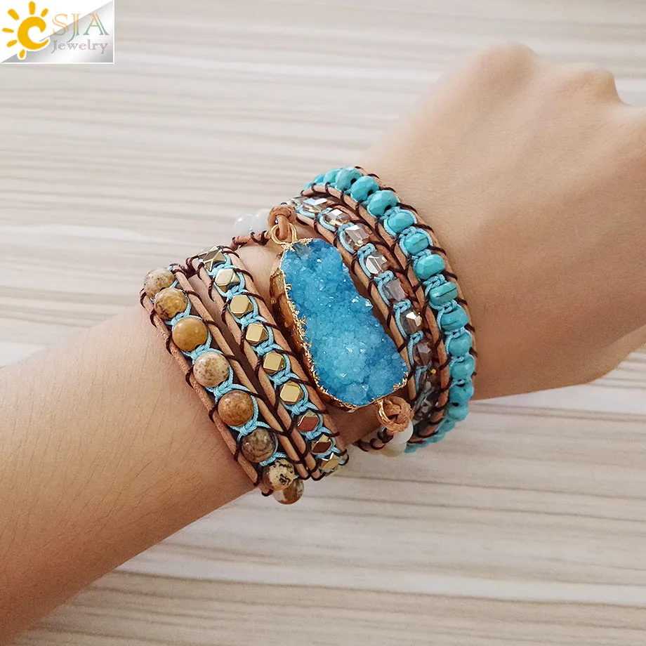 Billig CSJA Natürliche Edelsteine Stein Armband Druse Druzy Geode Scheibe Schmuck für Frauen 5 Stränge Wrap Armbänder Mode Boho Schmuck S224