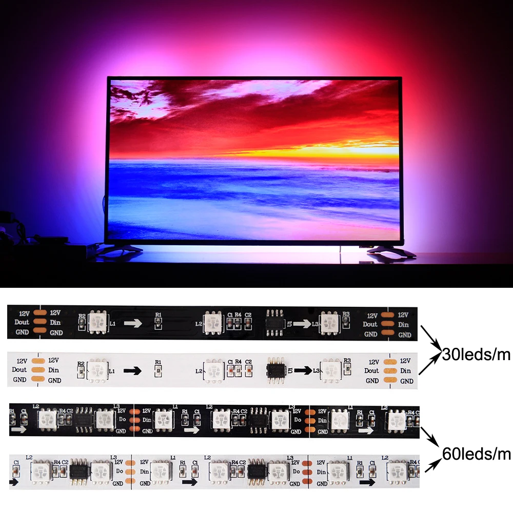 

RGB LED Strip DC 12V/24V 60LEDs/m Full Colour Gradient Ambilight SMD5050 LED Light Strip Use For LED TV Kitchen Night Decoration