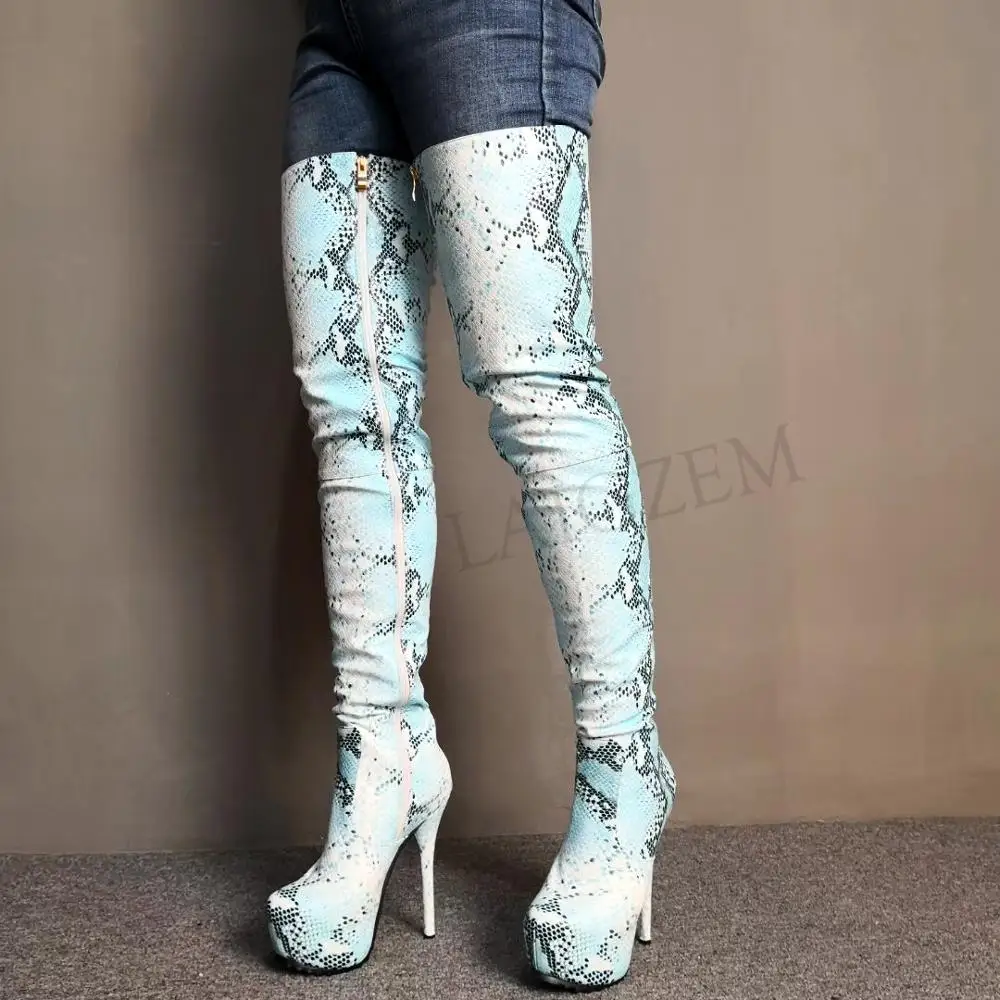 LAIGZEM CHIC Women Thigh High Boots Faux Snake Leather Stiletto Heels Boots Dropshipping Crotch Shoes Botines Mujer Big Size 52 (5)