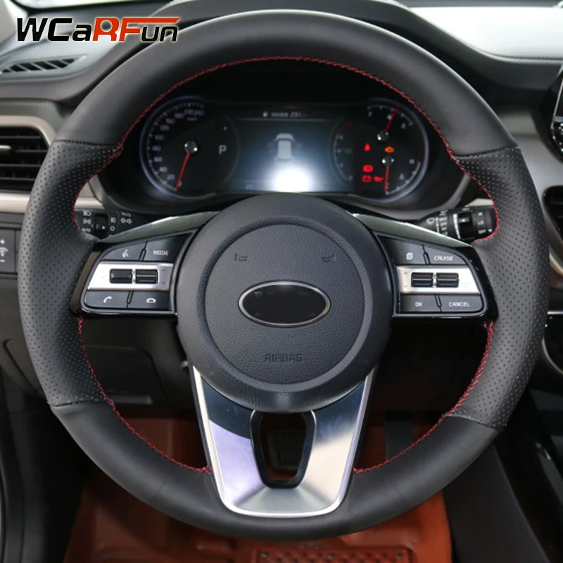 WCaRFun Black Genuine Leather Car Steering Wheel Cover for KIA Optima