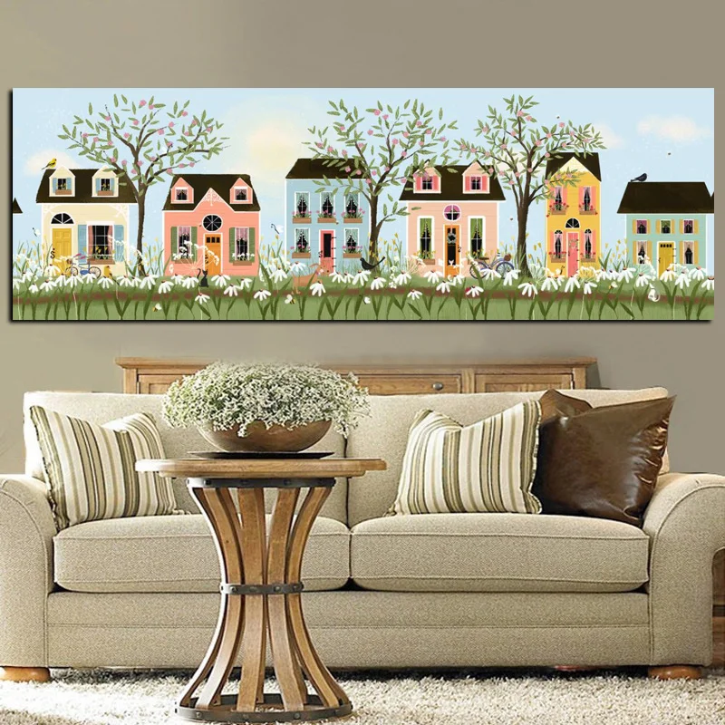 HD Print Abstract Yellow House Flowers Tree Pastoral Landscape Oil Painting on Canvas Modern Wall Picture Poster For Living Room