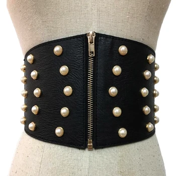 

New Leather Pearl Female Belts Corset Black Elasitc Wide Belts for Women Dress Cummerbund Korea Fashion Clothes Accessory