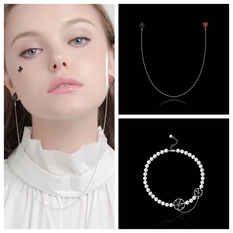 Women Pearl Jewelry Set Alice Red Queen Poker Knight Heart K Stud Earring Pocket Watch Necklace 925 Sterling Silver Zircon | Украшения и