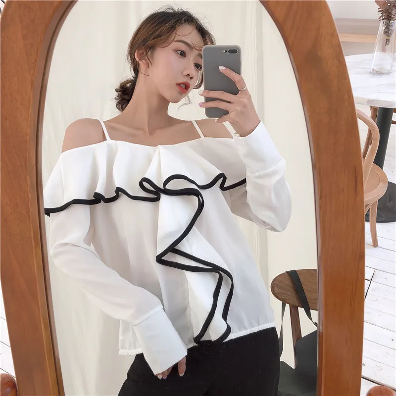 Корейская блузка с оборками, шифоновая рубашка с открытыми плечами, топы с длинным рукавом, сексуальные летние женские топы и блузки, Blusas Mujer De Moda