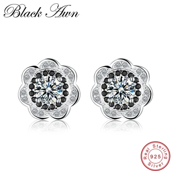 

[BLACK AWN] Natural Genuine 925 Sterling Silver Jewelry Black Spinel Flower Wedding Earrings for Women T146