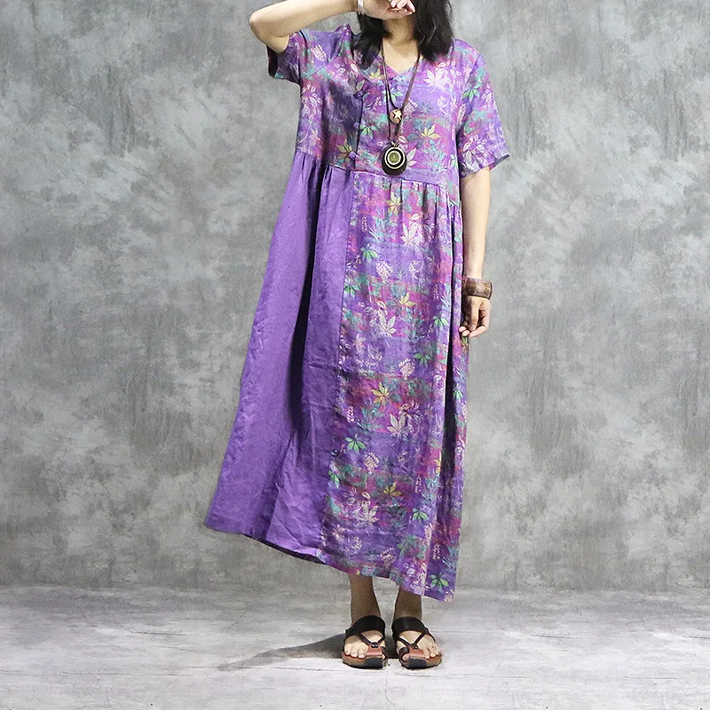 

Women Ramie Loose Printed Waisted Dress Ladies Patchowork Vintage Ramie Dresses Summer Female 2019 Thin Dress Spliced