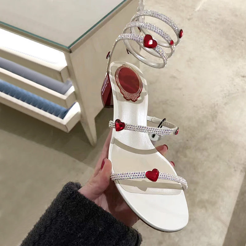 

2018 New Spring Summer Shoes Woman Sweet Crystal Sandals Square Med Heels Designer Chic Woman Gladiator Sandals Woman Slides