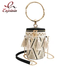 Трендовая соломенная кожаная бахрома PU круглые цилиндры Женская Повседневная Сумка-тоут сумка через плечо мини сумка-мессенджер Bolsa для женщин сумка