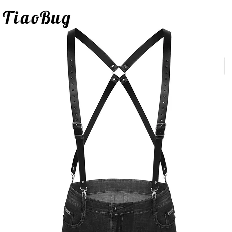 

TiaoBug Black Imitation Leather Double Shoulders Braces Straps Men Adjustable Suspender Men's Harness Belt with Buckles Clasps