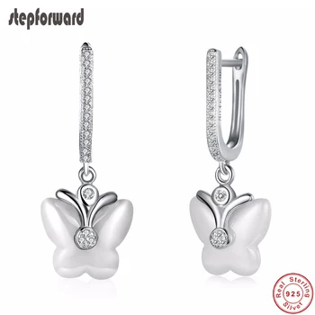 

Hot Sale Top Quality Beautiful Office 925 Sterling Silver White Ceramic Butterfly Hanging Earrings