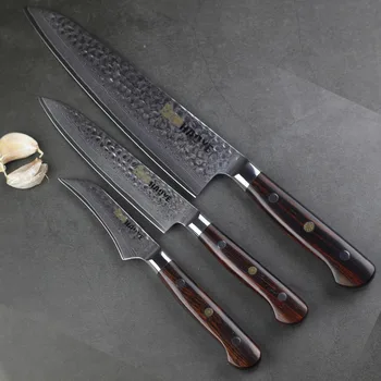 

Three pcs damascus kitchen knives set chef paring peeling utility steak knife set