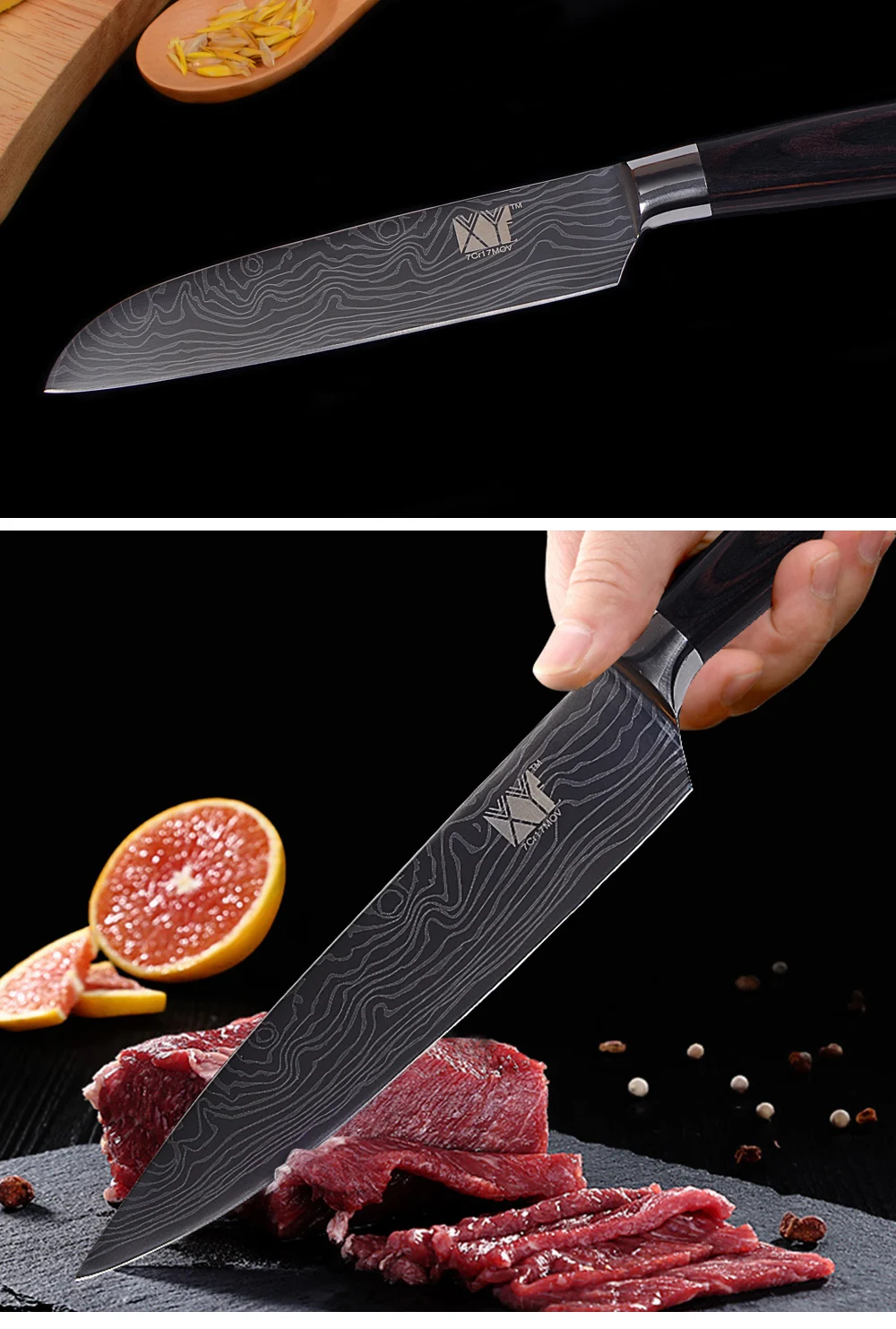 XYj 8 inch Stainless Steel Chef Knife Damascus Pattern Blade Color Wood Handle Kitchen Cooking Knives Meat Fish Tools Accessory