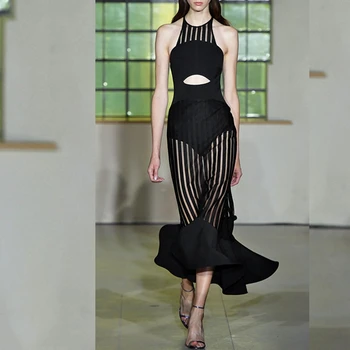 

2018 New Women Black Mesh Sleeveless Sexy Hollow Out Long Mermaid Bandage Dress Vestidos Autumn Party Night Out Clubwear