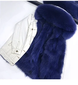 Зимняя куртка, пальто, женская белая джинсовая куртка, настоящий большой воротник из лисьего меха, с капюшоном, с подкладкой из кроличьего меха, свободная куртка, корейский бренд - Цвет: white coat blue fur